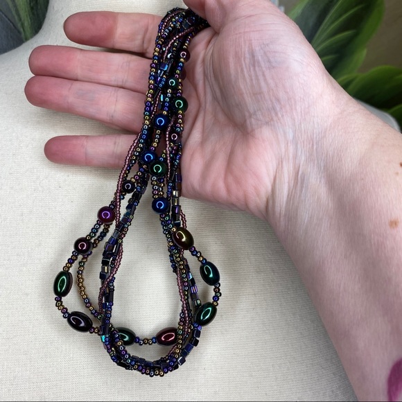 Peacock Color Beaded Multi Strand Necklace - Picture 2 of 8